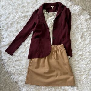 J. Crew Maroon Blazer and Polka Dot Blouse and Tan Skirt - all J Crew